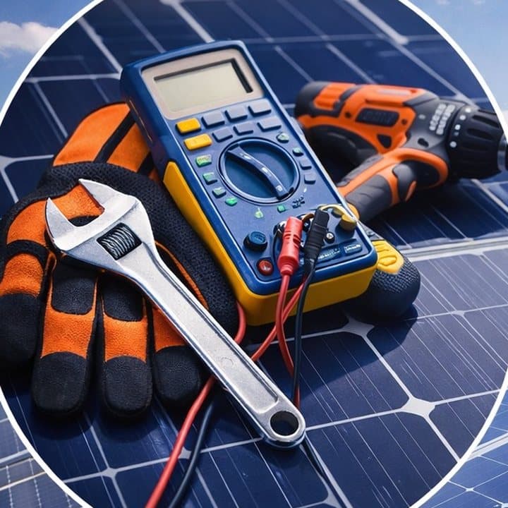 Multimeter, wrench and cordless driver on a panel array